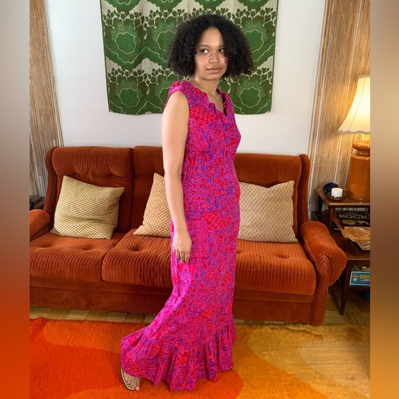 60s Vintage Tropical Barkcloth Psychedelic Mermaid Maxi Dress - Picture 4 of 10